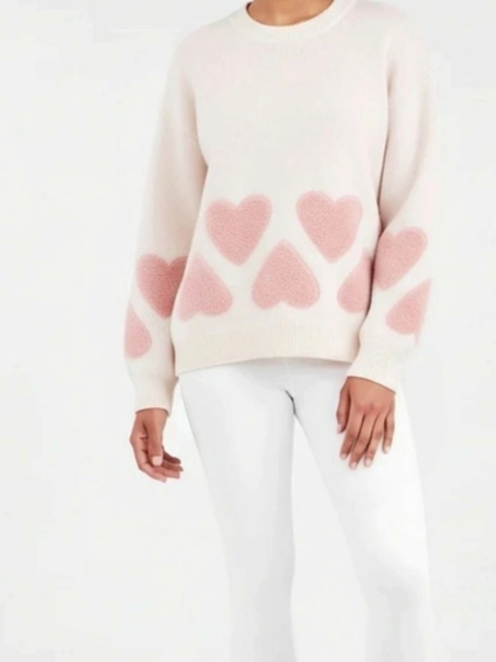 Relaxed Fit Cozy Crewneck Heart Sweater Pink & White